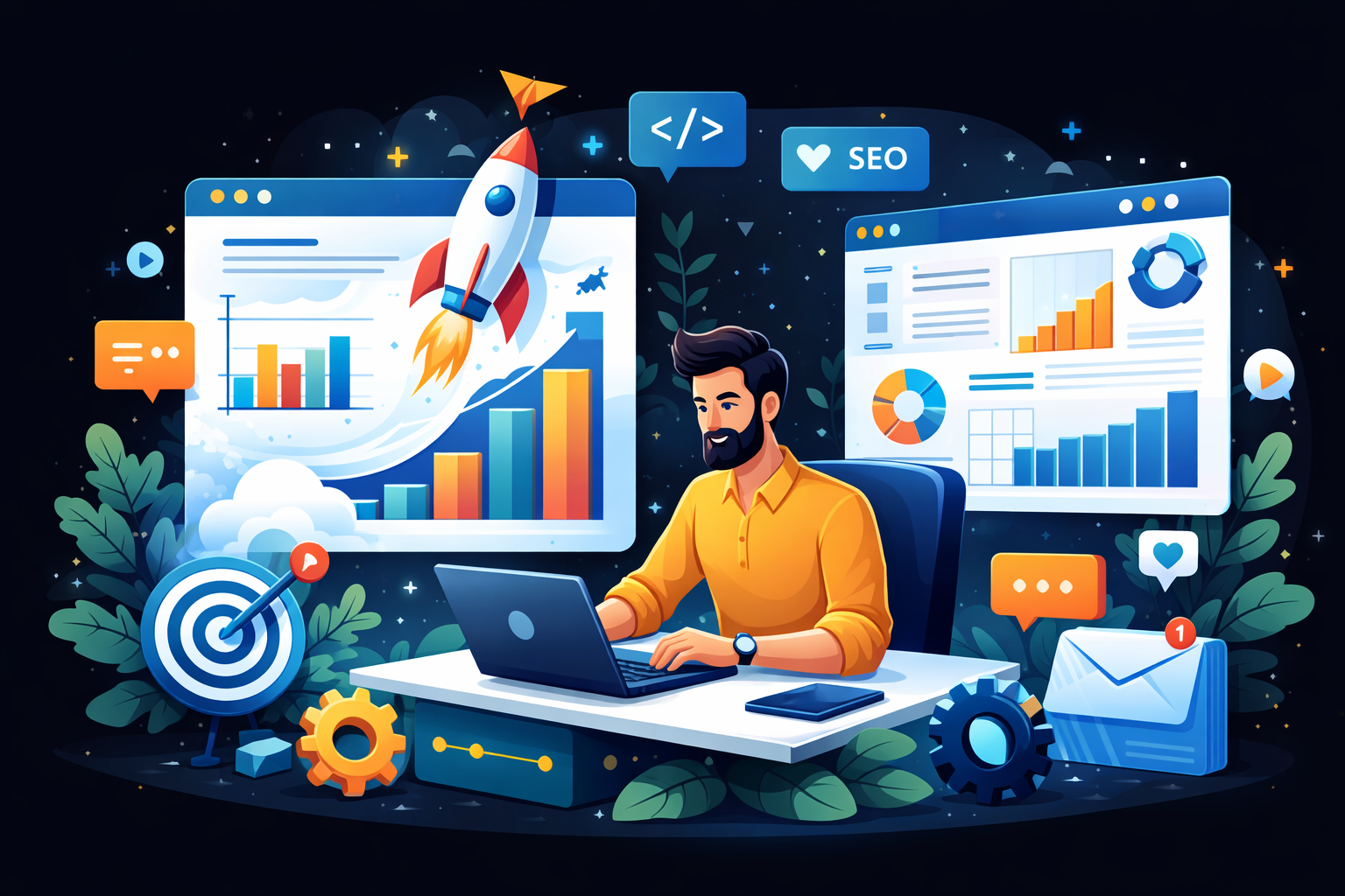 Illustration autour du développement web, du SEO et des applications web ou SaaS